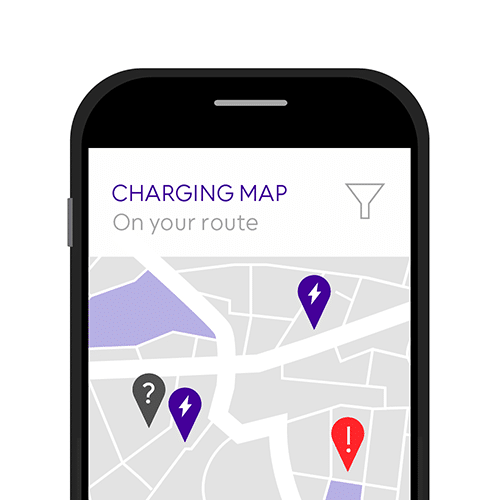 Map display of automated monitoring of charging stations for electric vehicles using the Evercharge software.